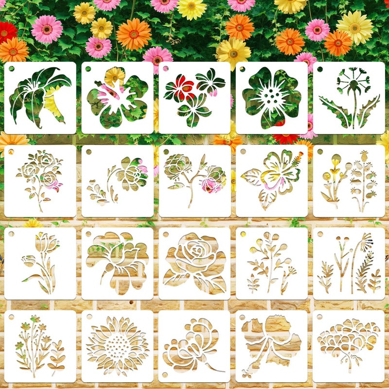 Resflyar 20 PCS 3 Inch Flower Stencils, Large Flower Plant Reusable Plastic Templates for Painting on Wood, Sunflower Rose Stencils Set for Rock Wood Canvas Drawing Art Fabric Tile Home DIY Craft Decoration - Image 1